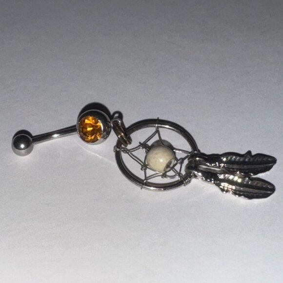Topaz Orange gem with Cream bead Dream Catcher Dangle Belly Ring - Picture 9 of 11